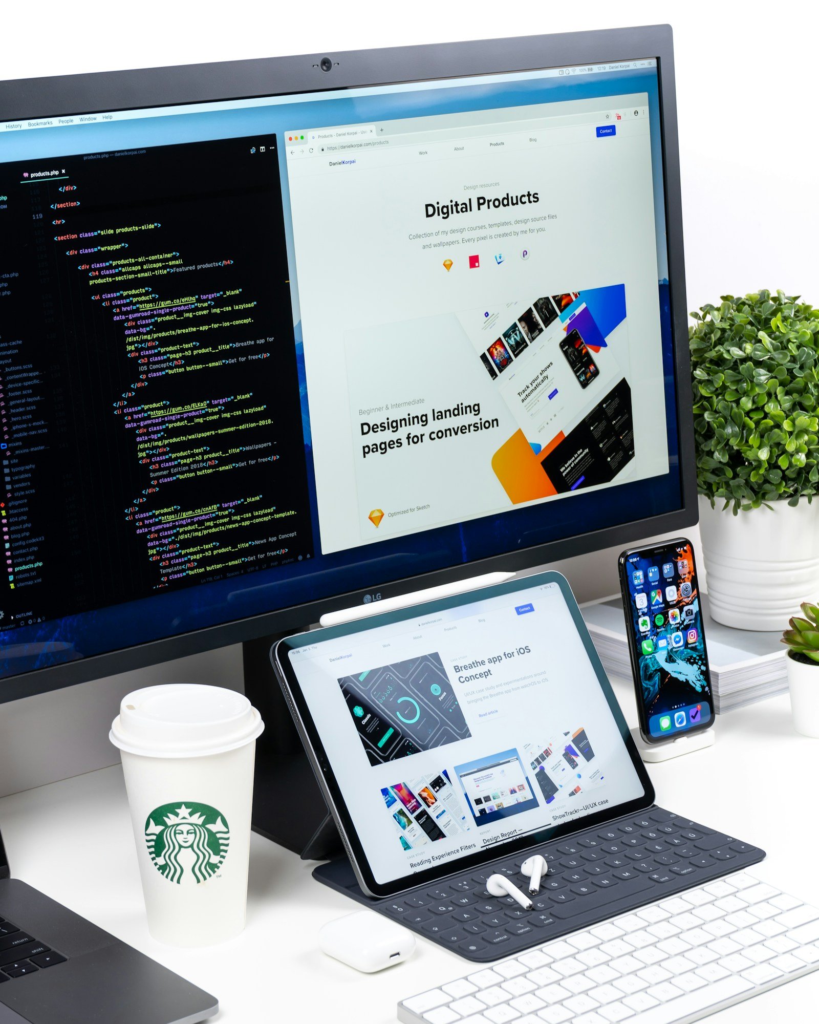 Developer workstation with a wide monitor showing a code editor and a live web dashboard side by side, an iPad and phone within reach — 263,000 data points per provider, every 60 seconds for 183 days