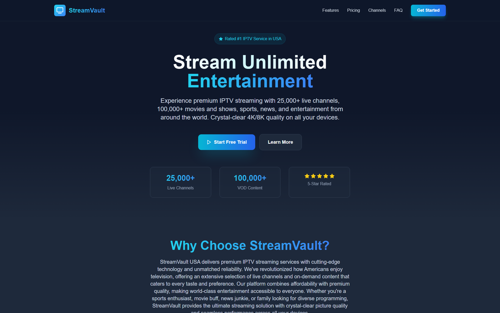 StreamVault USA homepage — premium IPTV streaming service with 25,000+ live channels and 4K/8K quality